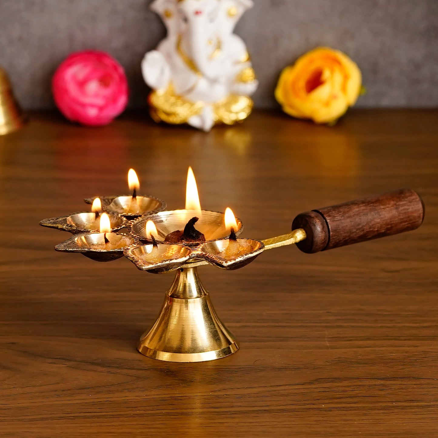 Brass Panchdeep Diya for 5 Cotton Wicks With Wooden Holder