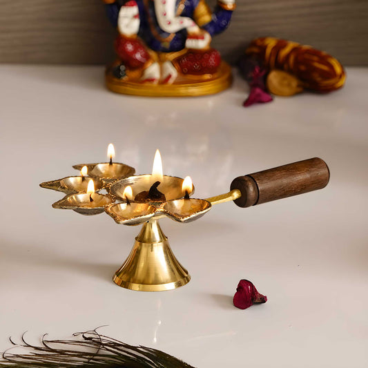 Brass Panchdeep Diya for 5 Cotton Wicks With Wooden Holder